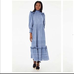 NWT Roller Rabbit Fil Coupe Delfia Mock Neck Ruffle Shoulder Trim Maxi Dress